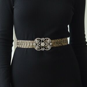 Kelly Kouri Gold Tone Metal Stretch Scales Belt with Crystal Flower Buckle
